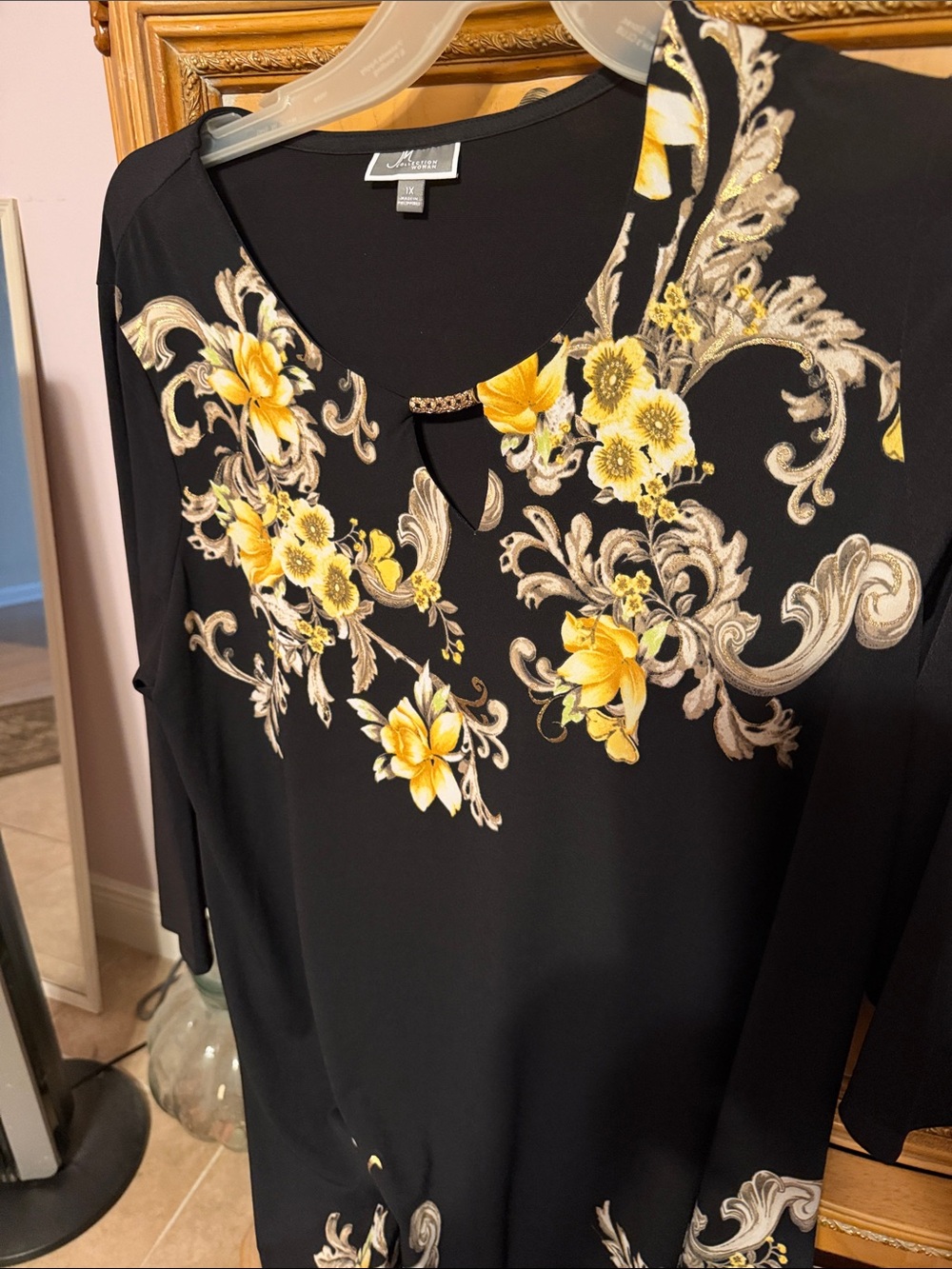 JM Collection Black Top with Yellow Floral Embroidery